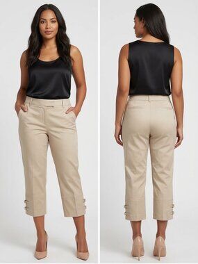 NWT Jessica Petite Beige Tan Capris Cropped Pants Double Buckle Hem Size 14P